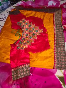 Vibrant Yellow &amp; Red Saree with Embellished Blouse