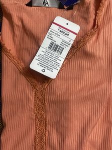 Peach Ribbed Lace Trim V-Neck Tee
