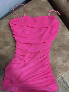Hot Pink Ruched Halter Neck Dress