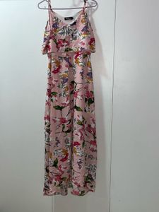 Romantic Pink Floral Print Ruffle Overlay Dress