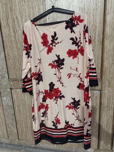 Boat Neck Cream Color Flower Printed  Dress