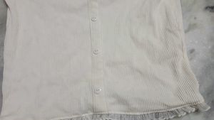 Cream Ribbed Cardigan with Lace Trim
