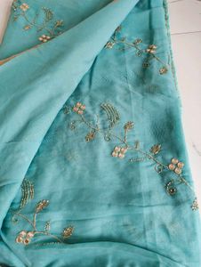 Beautiful Teal Saree with Gold Embroidery