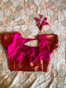 Vibrant Pink Silk Blouse with Golden Border