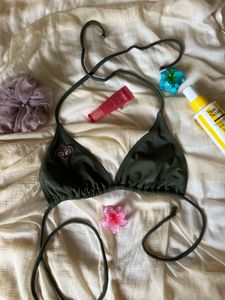 Olive Green Bikini Top with Embellishment