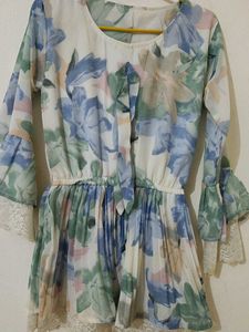 Floral Print Top with Lace Trim