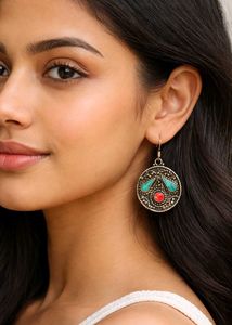 Bohemian Turquoise & Coral Tibetan Silver Earrings