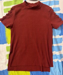 Ribbed Mock Neck Top with Sleeve Detail