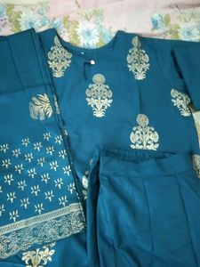 Stylish Blue Foil Print Kurta With Pant&amp; Dupatta