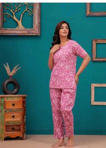 Pink Floral Cotton Night Suit Set