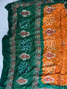 Embroidered Bandhani Saree - Green & Orange