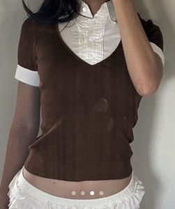 Brown Ribbed V-Neck Top with Collar