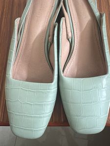 Mint Green Croc-Textured Heeled Mules