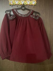 Maroon Beaded Cold Shoulder Blouse