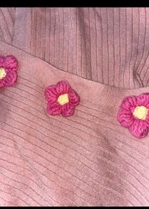 Chic Pink Ribbed Top with Floral Accents