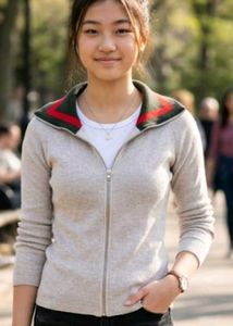 Gray Knit Sweater with Striped Collar