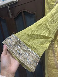 lime green suit set with banarsi dupatta