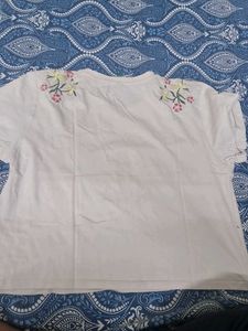 White T-Shirt with Floral Embroidery
