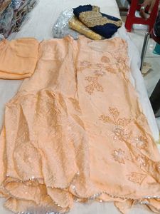 Peach Embroidered Sharara ready semi stitched mate