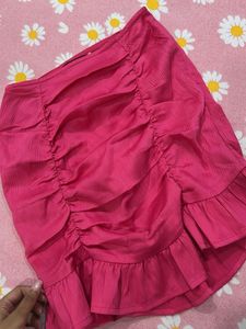 Dressberry Pink Ruffle Trim Ruched Mini Skirt