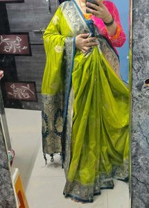 pure dola silk soft mehedi green with peacock Blue
