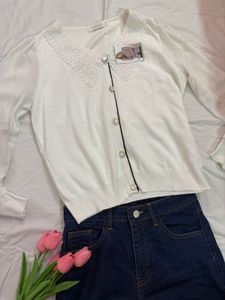 White Lace Trim Cardigan with Sheer Sleeves