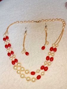 Pearl and Red Bead Necklace Set