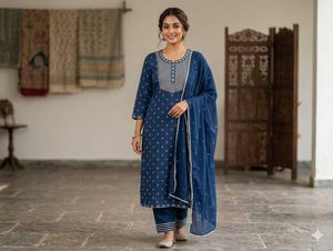 Stylish Blue Cotton Kurta Set with Dupatta