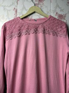 Elegant Pink Lace Trim Long Sleeve Blouse