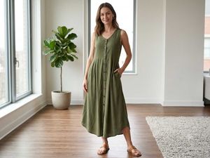 Chic Olive Green Button-Up Maxi Dress