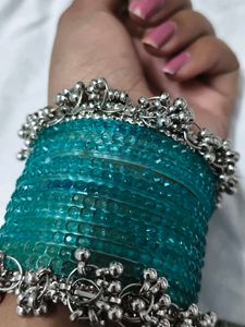 Elegant Blue Beaded Bangles Set