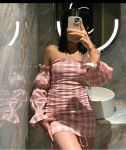 Newme asia Pink Gingham Off-Shoulder Ruched Dress