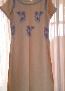 Cream Pure Silk Crepe Churidar Suit With Dupatt