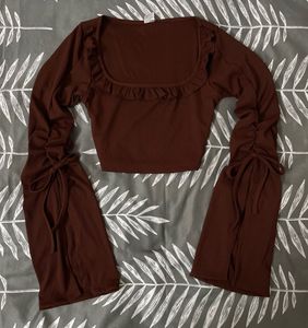 Brown Long Sleeve Tie Detail Crop Top
