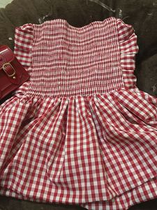 Red Gingham Off-Shoulder Dress with cute Handbag