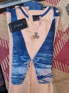 Peach Kurta with Blue Tie-Dye Shrug
