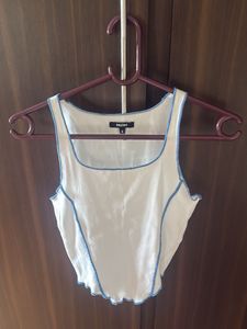White Tank Top with Blue Stitching