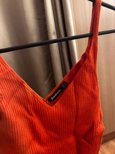 Orange Ribbed V-Neck Tank Top