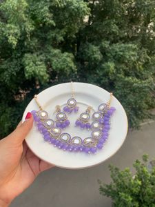 Purple Kundan Necklace Set with Maangtika
