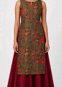 Olive Floral Kurta With Maroon Skirt Set