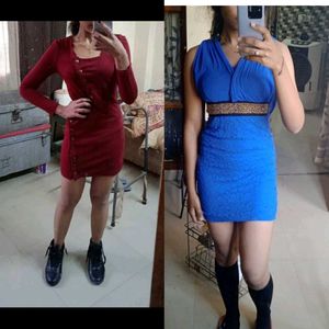 Two Blue And Maroon Red Bodycon Dress Combo
