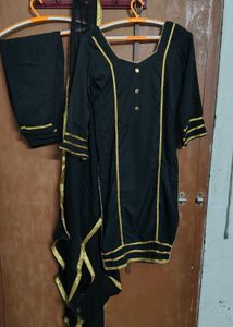 Black & golden detailing kurta pant dupatta set