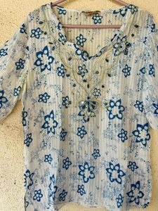 Blue Floral Print Embroidered Kurta