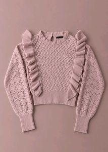 DUSTY PINK RUFFLE CABLE KNIT SWEATER