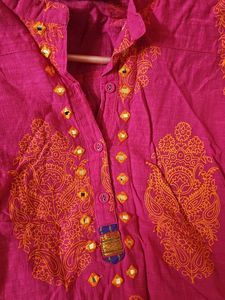 Vibrant Pink Kurta with Orange Print