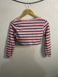 Pink Striped Cropped Long Sleeve Top