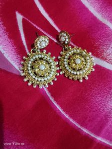 Exquisite Pearl &amp; Gold Tone Jhumka Earrings