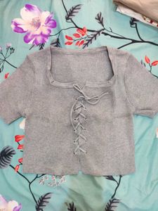 savana Grey Lace-Up Ribbed Top