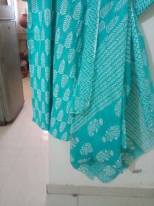 Teal Leaf Print Kurta Set with Dupatta