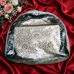 Set of 3 White &amp; Gold Cosmetic Bags